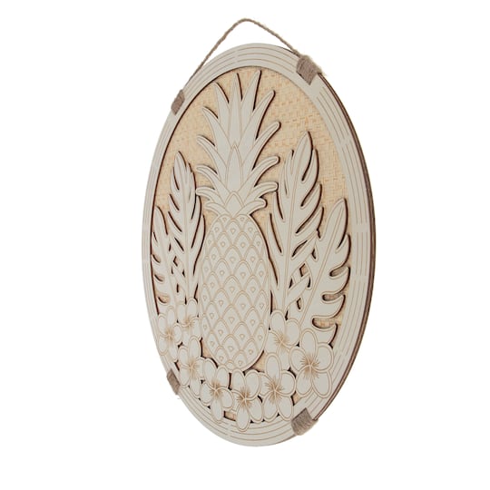 15.5" Pineapple DIY Round Plywood & Woven Straw Plaque by Make Market®